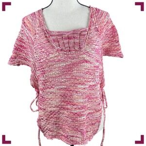 Jessica‎ Simpson Knit Top Pink White Tie Side Square Neck Short Sleeve S